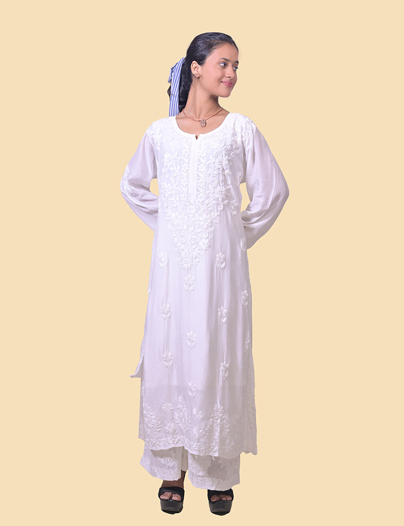 Muslin White Aline Chikankari Kurta