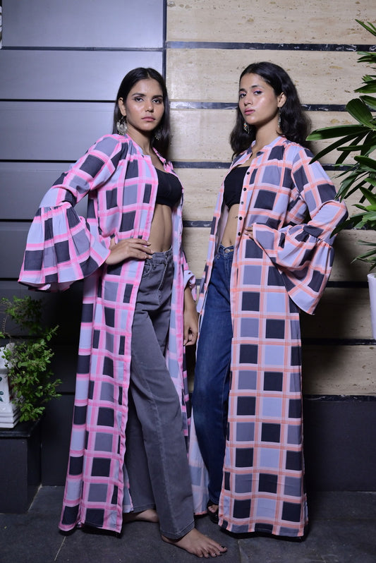 Georgette Check Pink Shrug - Sufiza Lifestyle