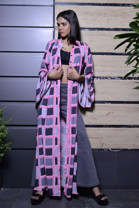 Georgette Check Pink Shrug - Sufiza Lifestyle
