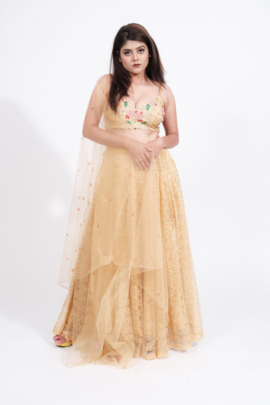 Paraag Golden embroded Net Lehenga - Sufiza Lifestyle