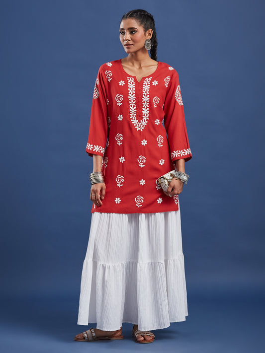 Red Viscose Rayon Chikankari Kurti