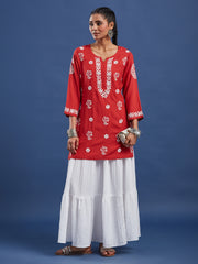 Red Viscose Rayon Chikankari Kurti