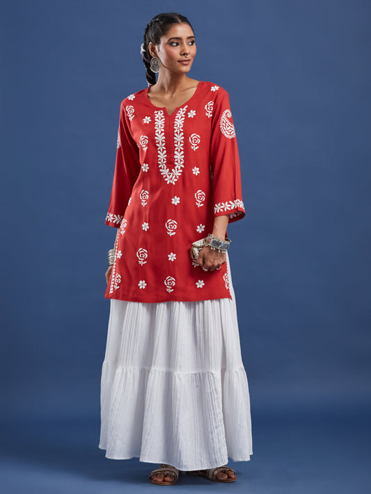 Red Viscose Rayon Chikankari Kurti