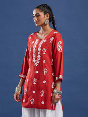 Red Viscose Rayon Chikankari Kurti
