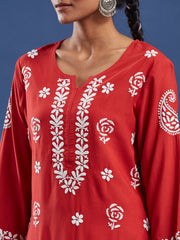 Red Viscose Rayon Chikankari Kurti