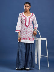 White cotton Kurta with Pink Thread Embroidery