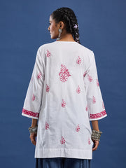 White cotton Kurta with Pink Thread Embroidery