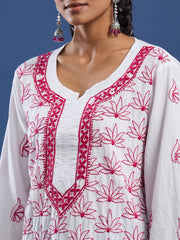 White cotton Kurta with Pink Thread Embroidery