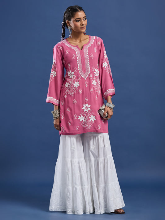 Modal Cotton Wine Chikankari Ghas Pati Kurti