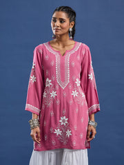 Modal Cotton Wine Chikankari Ghas Pati Kurti