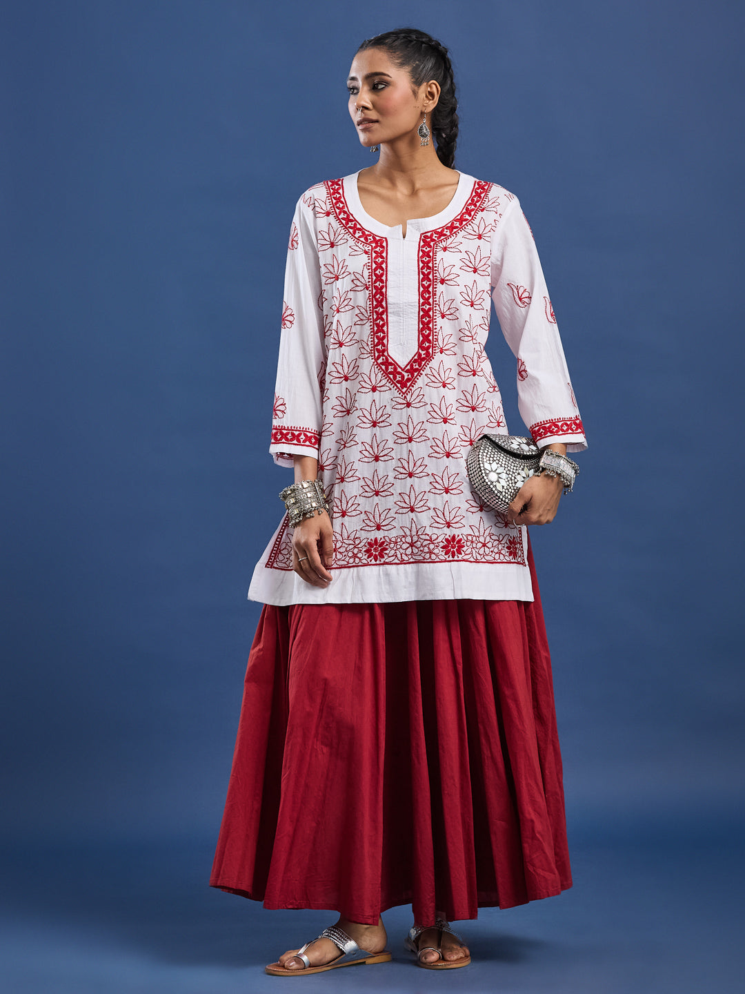 White cotton Kurta with Red Thread Embroidery