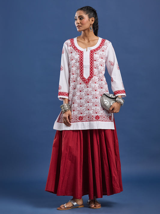 White cotton Kurta with Red Thread Embroidery