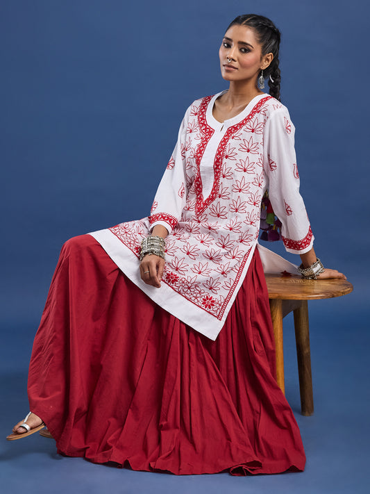 White cotton Kurta with Red Thread Embroidery