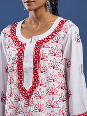 White cotton Kurta with Red Thread Embroidery