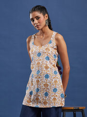 Hand Block Print Sleevless Cream color Short Kurti BPKU009