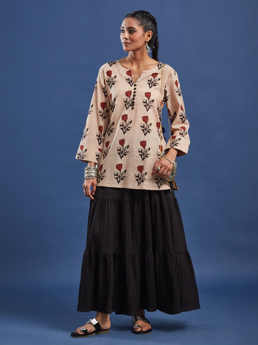 Hand Block Print Bagru Print Kurti, Cotton breathable fabric, Style with Skirt, Plazzo, Trouser and Denim. Collection for casual and office wear, Hand Crafted by Artisans.