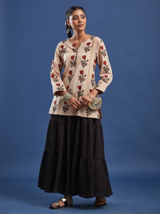Hand Block Print Bagru Print Kurti, Cotton breathable fabric, Style with Skirt, Plazzo, Trouser and Denim. Collection for casual and office wear, Hand Crafted by Artisans.