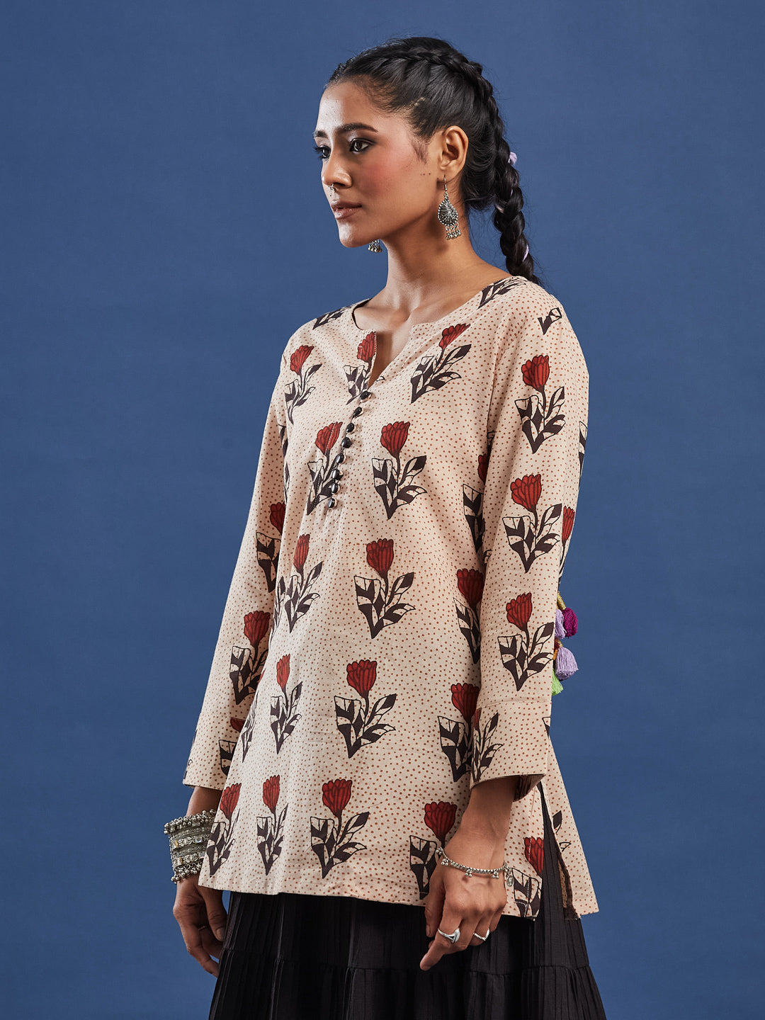 Hand Block Print Bagru Print Kurti, Cotton breathable fabric, Style with Skirt, Palazzo, Trouser and Denim. Collection for casual and office wear, Hand Crafted by Artisans.