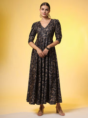 Western Wear Dress Black printed Dress with Puff Sleeve