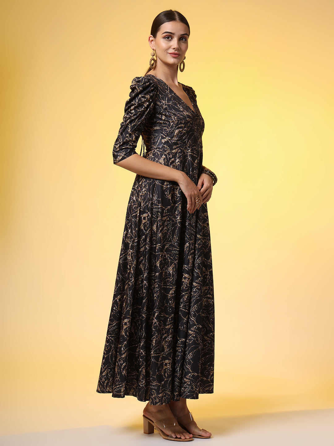 Western Wear Dress Black printed Dress with Puff Sleeve