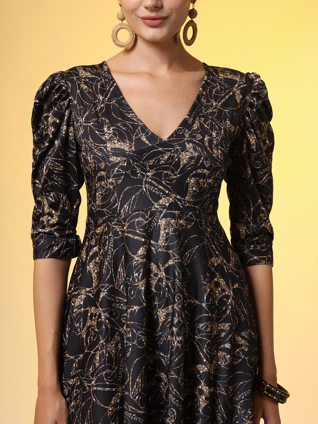 Western Wear Dress Black printed Dress with Puff Sleeve