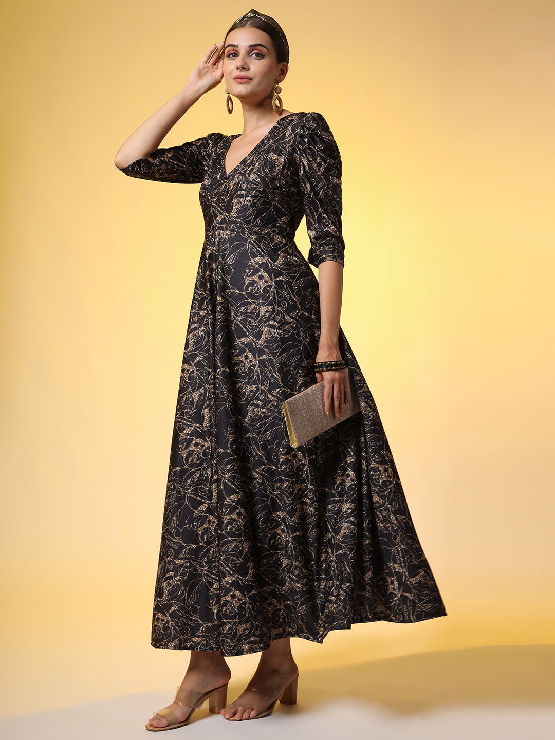 Western Wear Dress Black printed Dress with Puff Sleeve