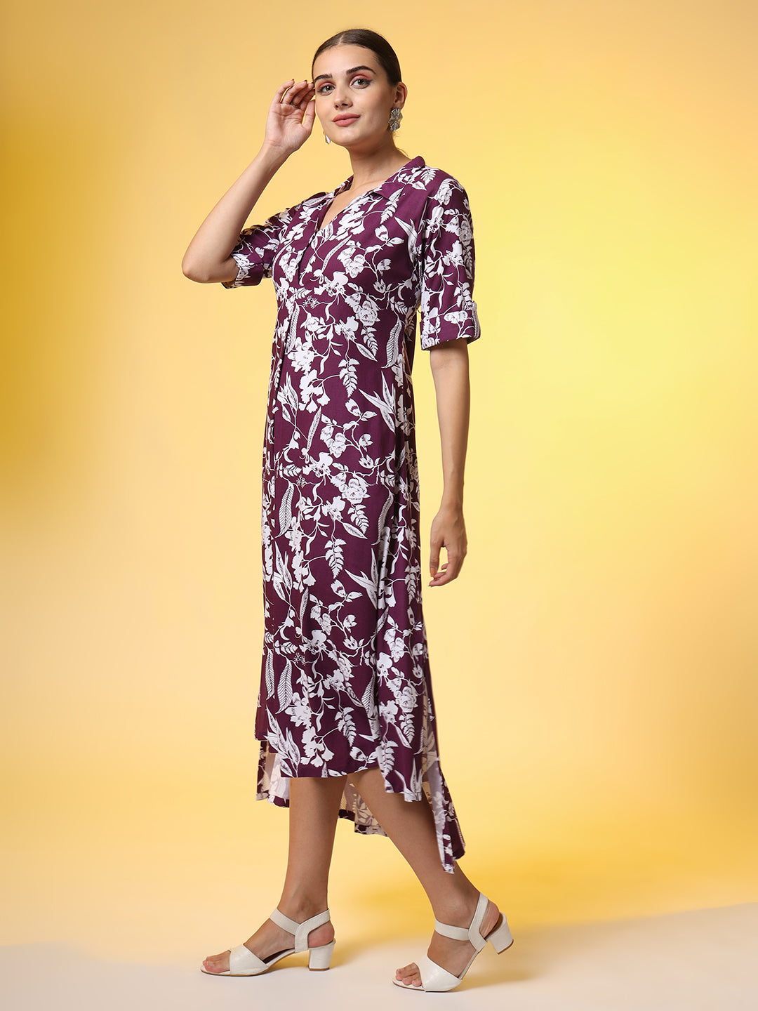 Dark Purple with White Leaf printed Dress