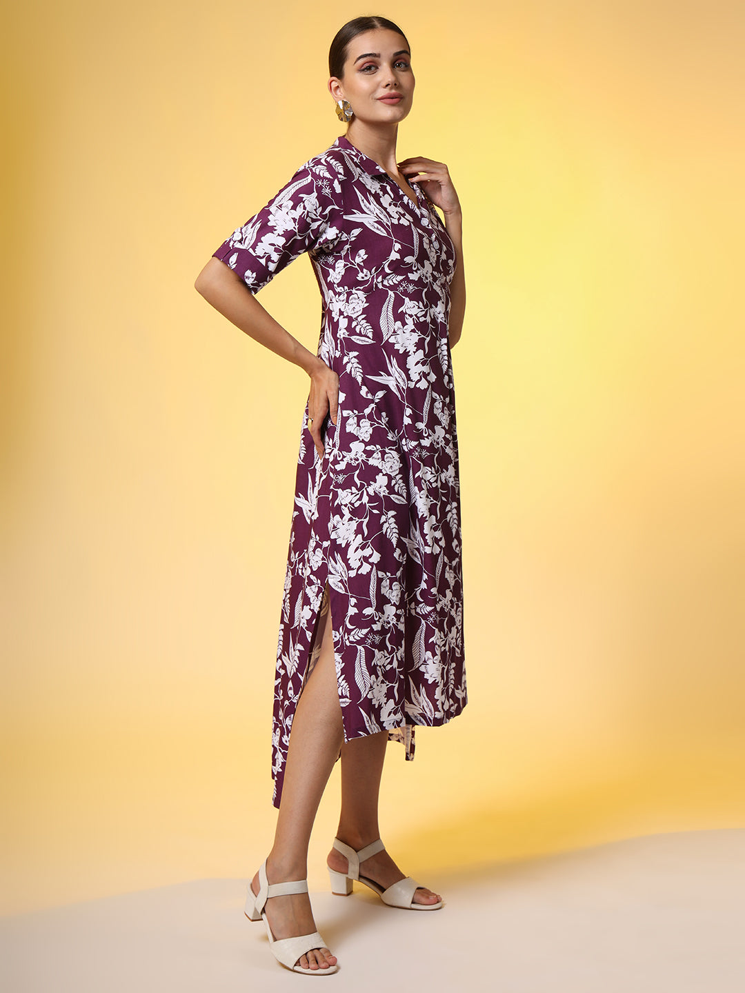 Dark Purple with White Leaf printed Dress