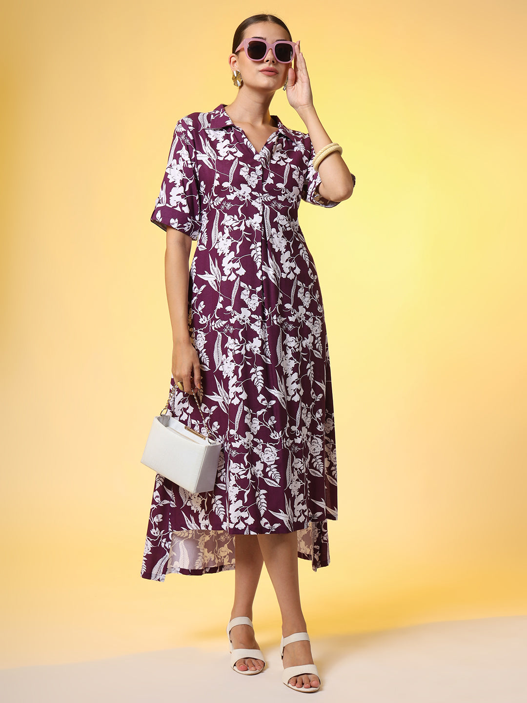 Dark Purple with White Leaf printed Dress