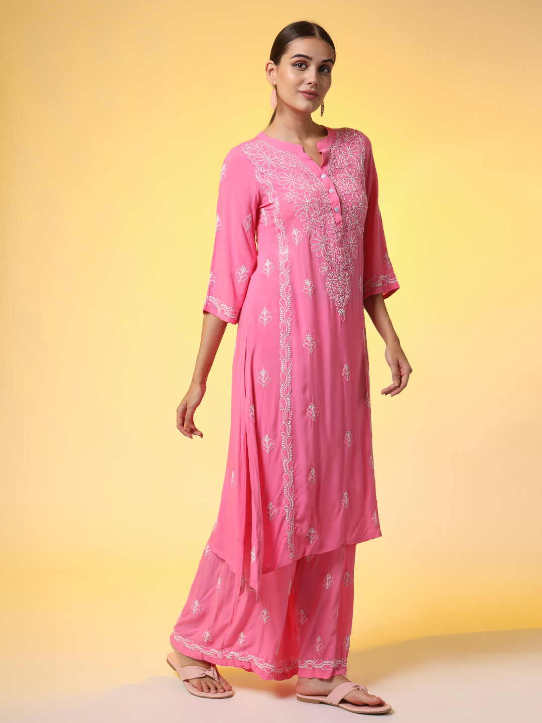 Hand Embroidery Pink Color Chikankari Co-Ord Set