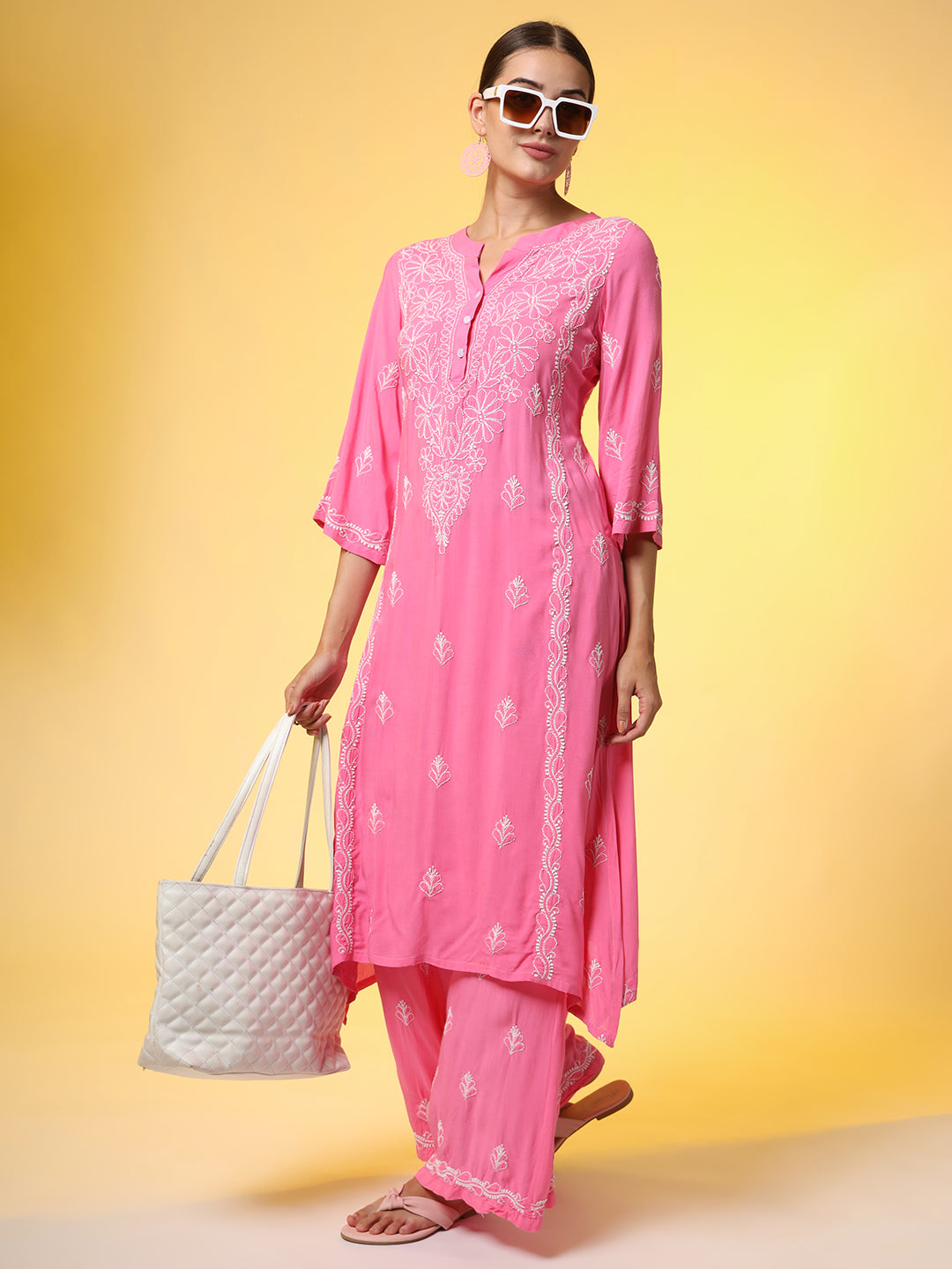 Hand Embroidery Pink Color Chikankari Co-Ord Set