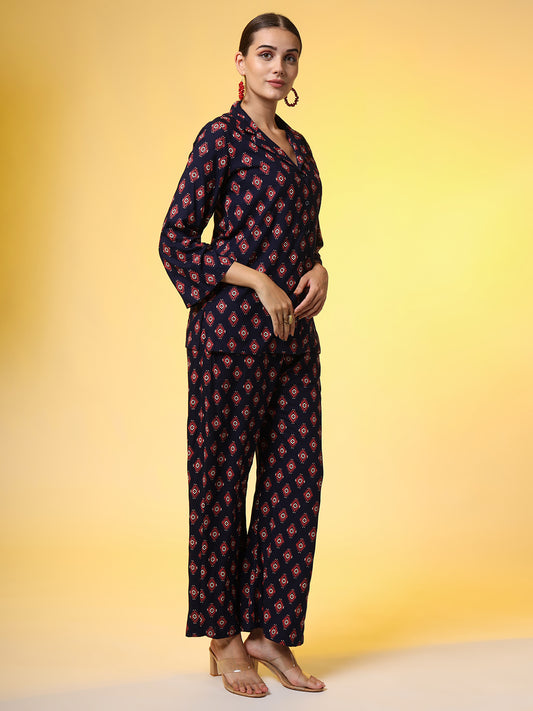 Navy Blue with Red Color Motif Western Wear Co-Ord Set - Sufiza Lifestyle