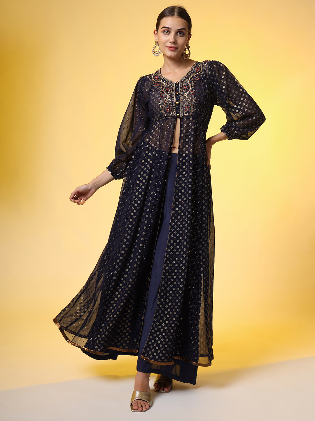 Hand Embroidery Georgette Foil Print Ethnic Zardosi Dress