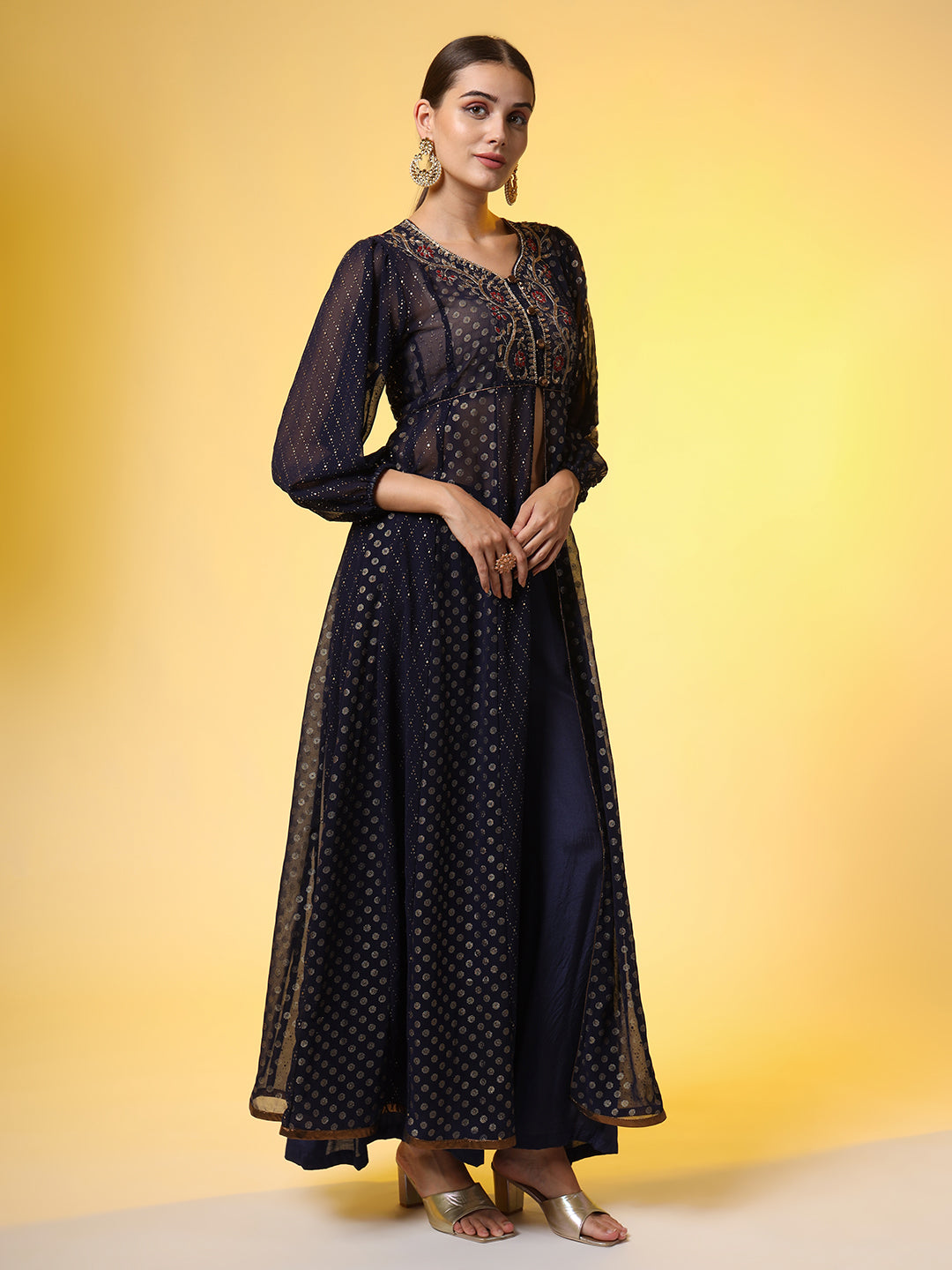 Hand Embroidery Georgette Foil Print Ethnic Zardosi Dress