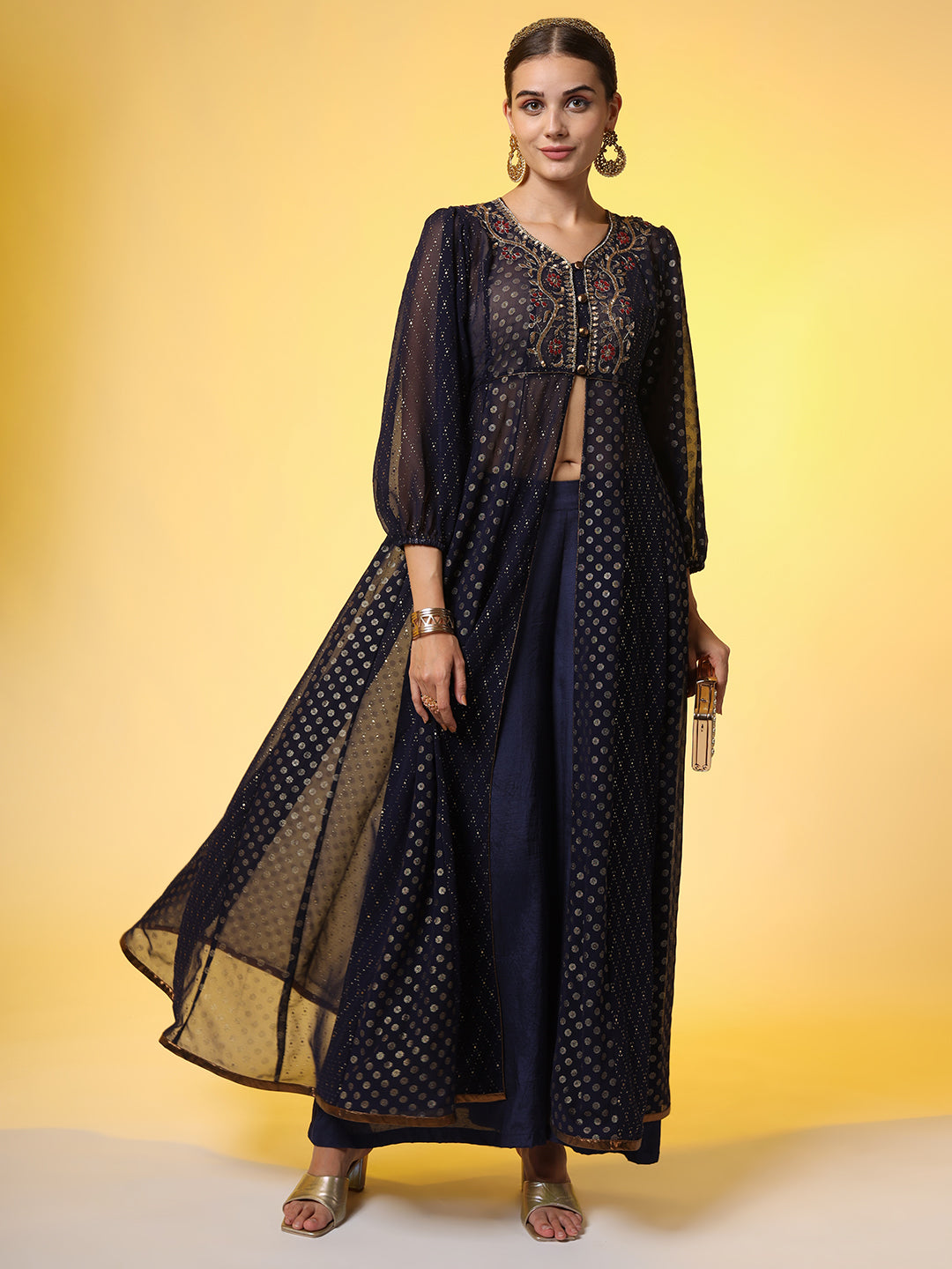 Hand Embroidery Georgette Foil Print Ethnic Zardosi Dress