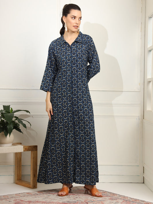 Indigo Blue Printed Color full length Dress - Sufiza Lifestyle
