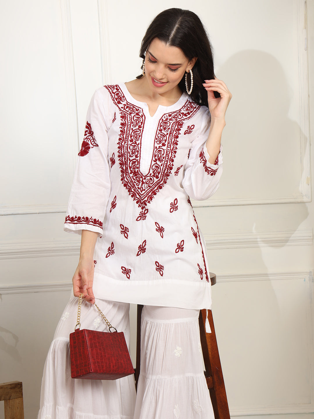 White cotton Kurta with Mehroon Thread Embroidery