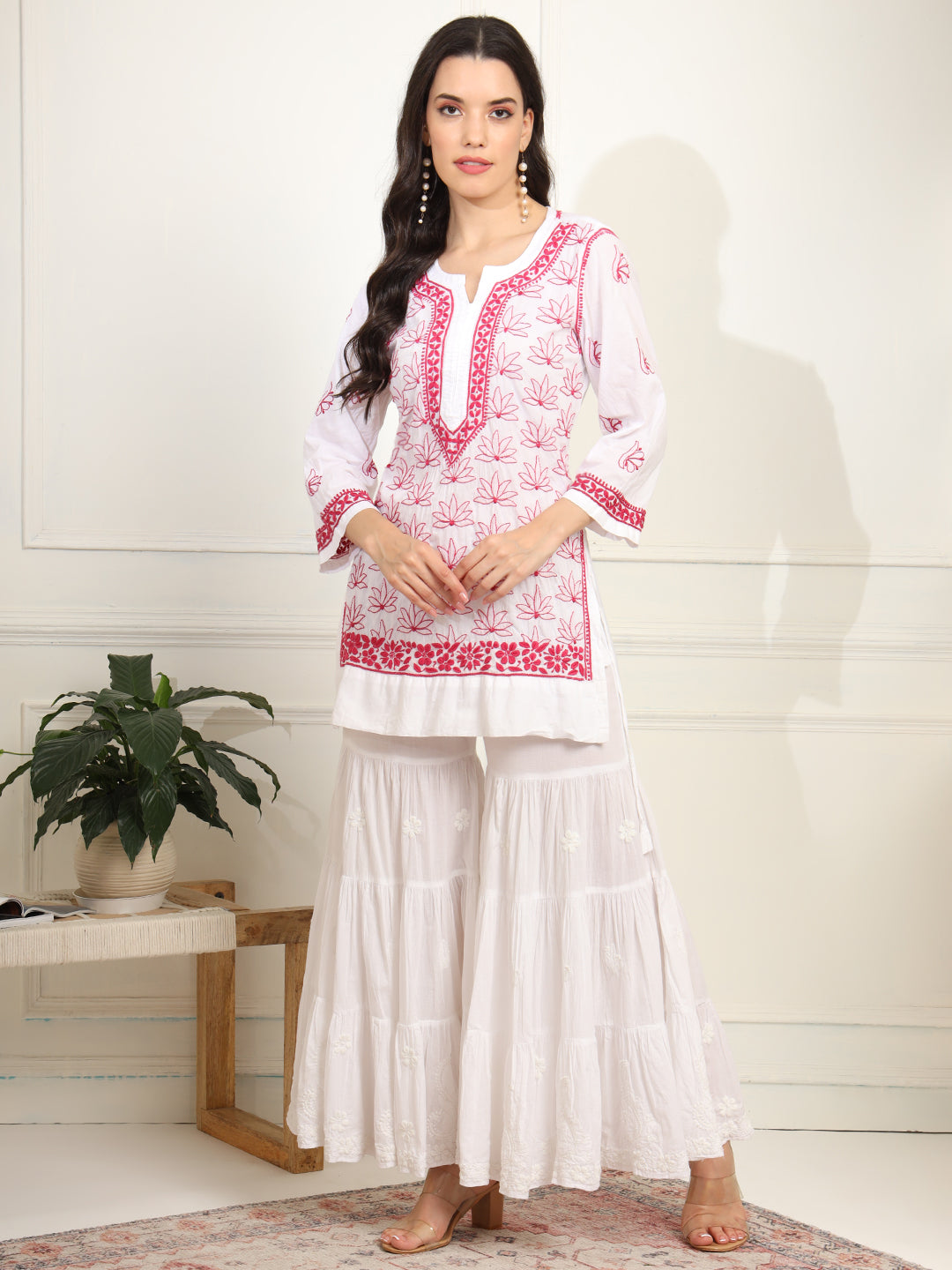 White cotton Kurta with Pink Thread Embroidery