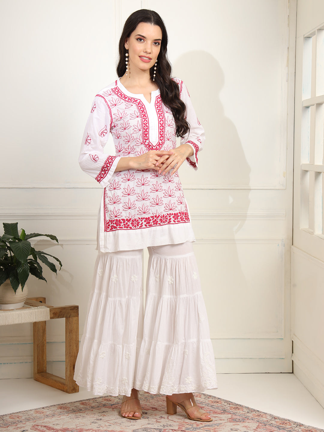 White cotton Kurta with Pink Thread Embroidery