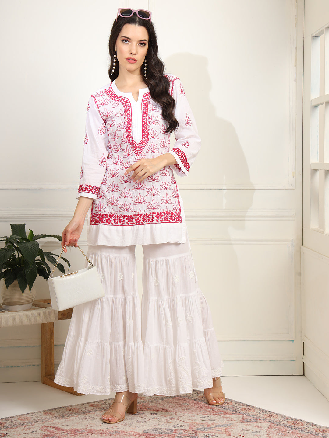 White cotton Kurta with Pink Thread Embroidery