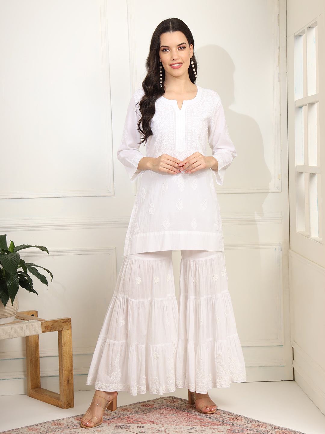 White cotton Kurta with White Thread Embroidery