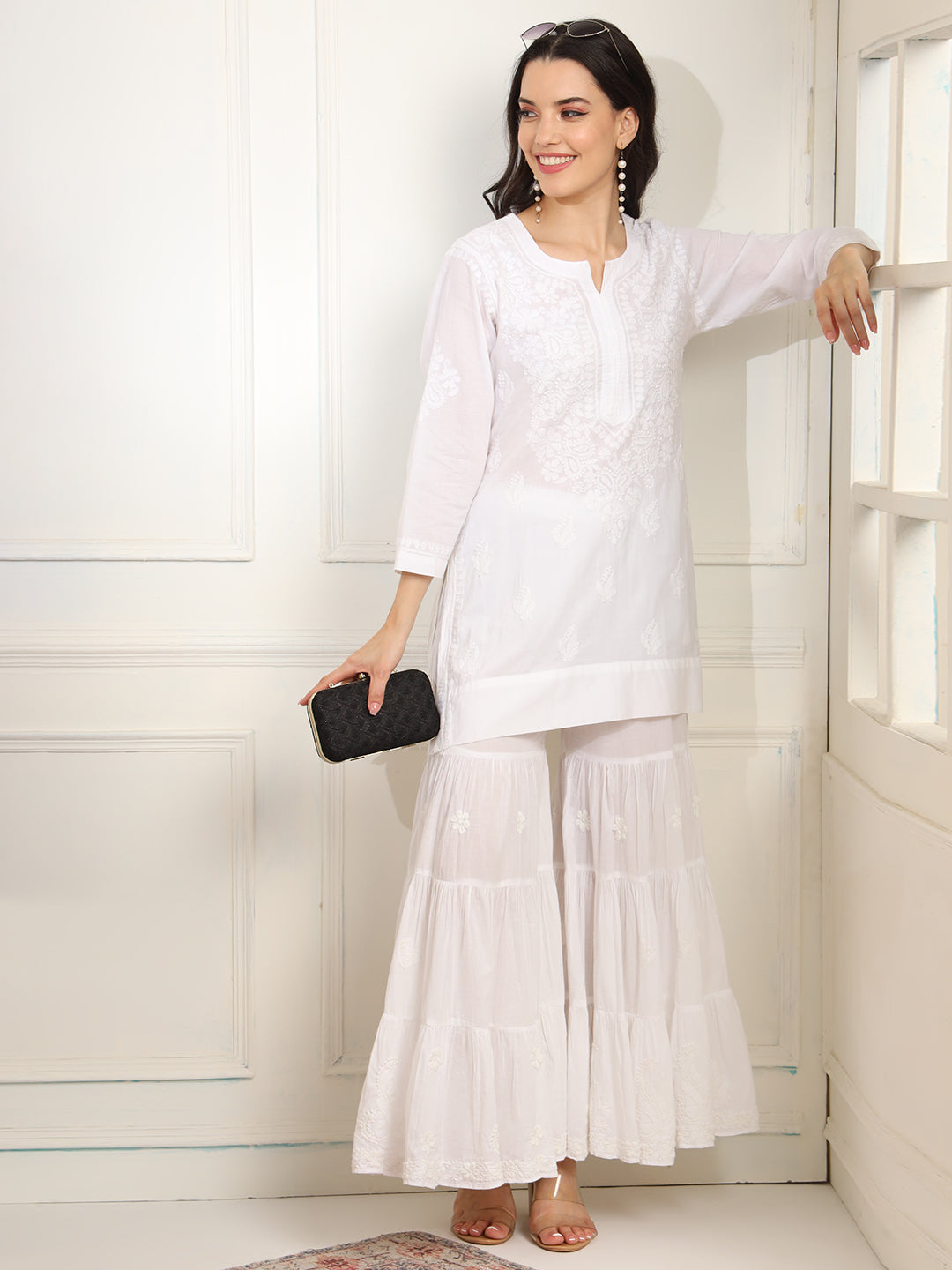 White cotton Kurta with White Thread Embroidery