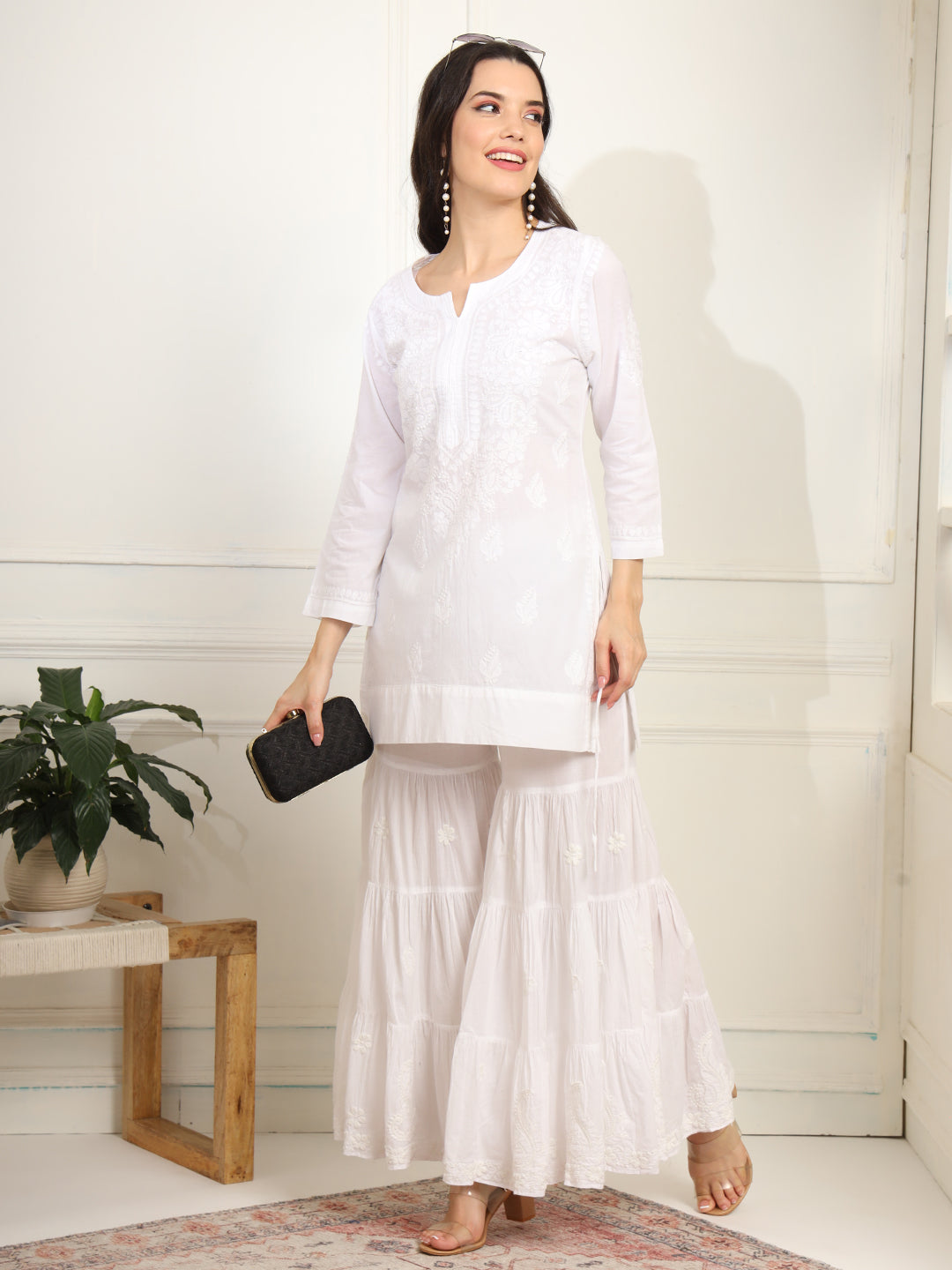 White cotton Kurta with White Thread Embroidery