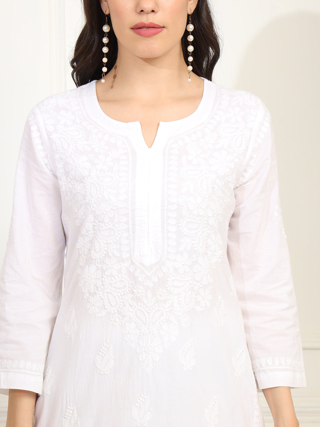 White cotton Kurta with White Thread Embroidery