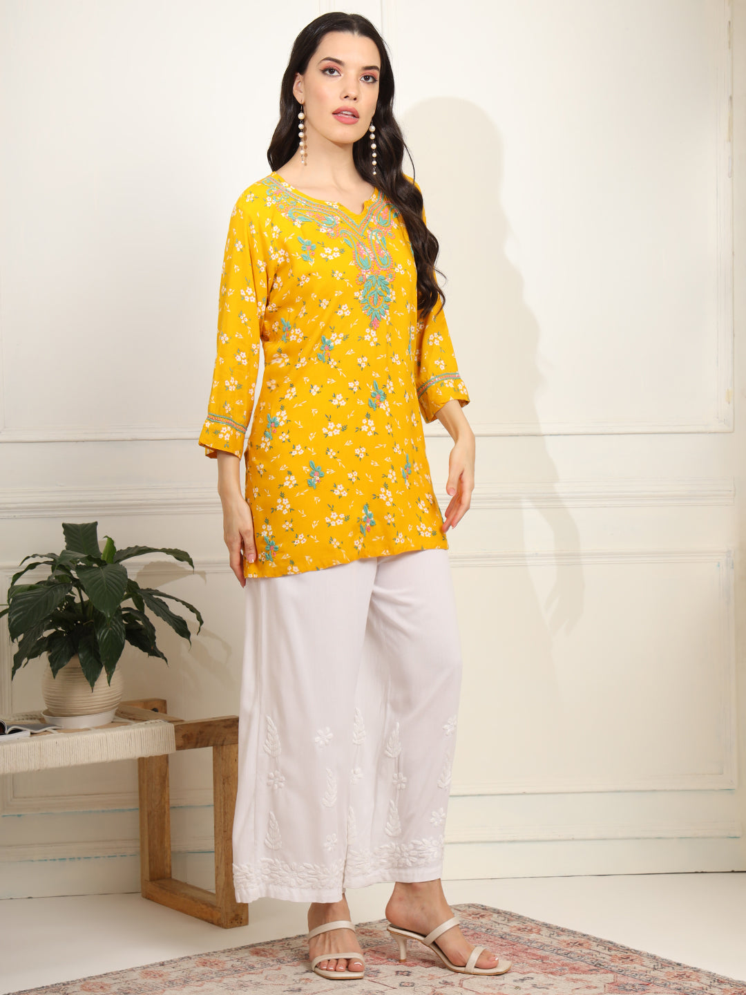 Yellow Color Viscose Cotton Kurta with Multi Color Thread Embroidery