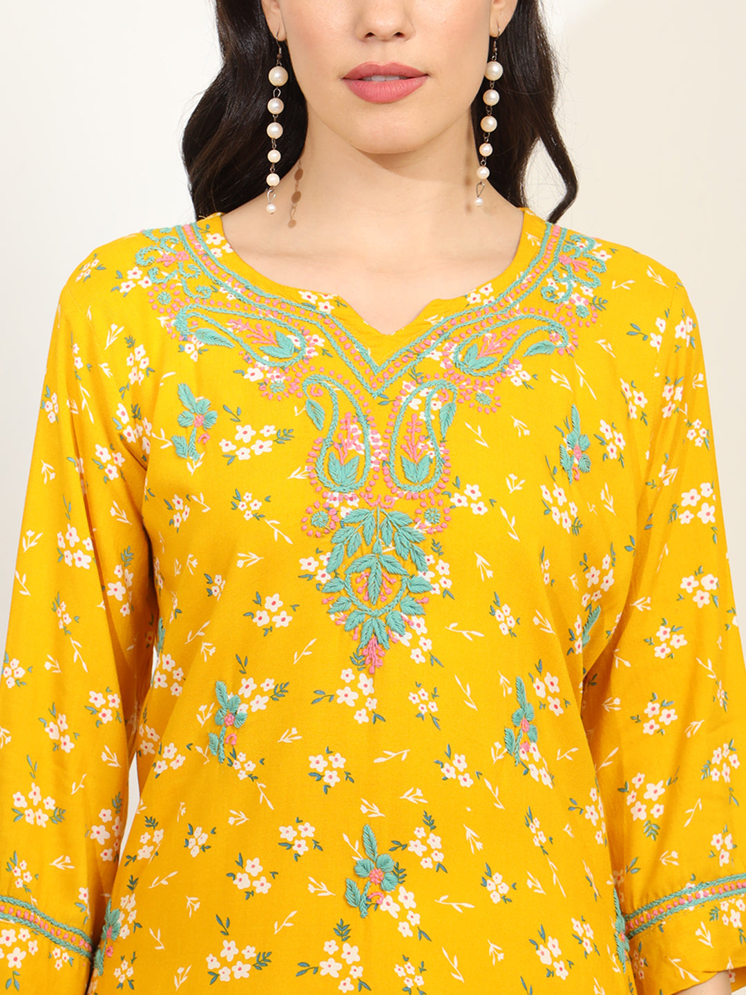 Yellow Color Viscose Cotton Kurta with Multi Color Thread Embroidery