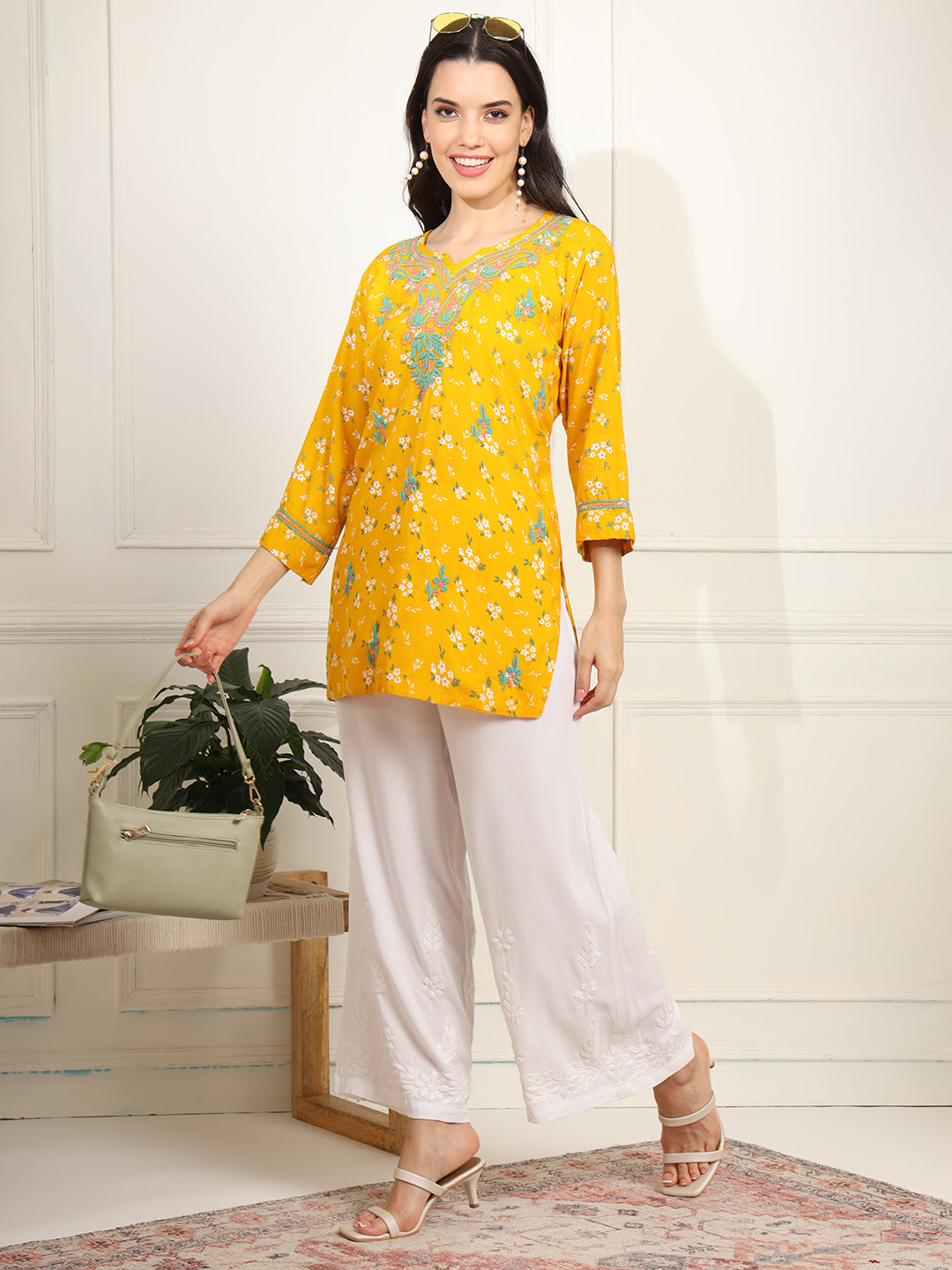 Yellow Color Viscose Cotton Kurta with Multi Color Thread Embroidery