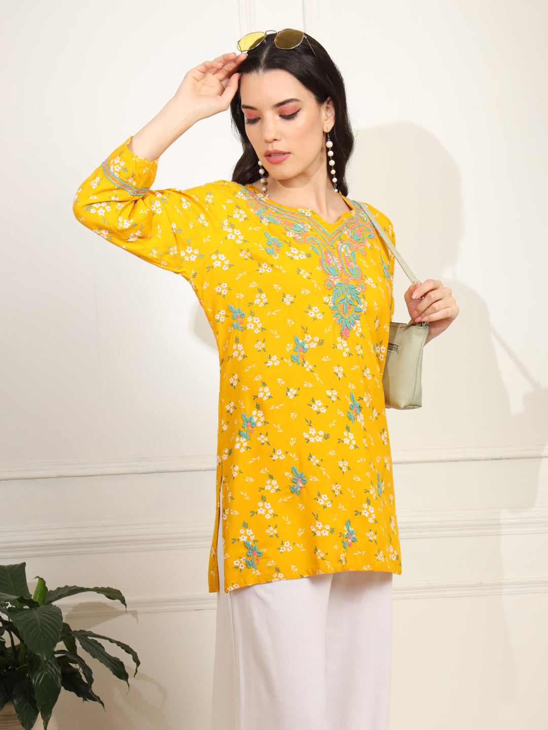 Yellow Color Viscose Cotton Kurta with Multi Color Thread Embroidery