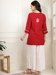 Red Color Viscose Cotton Kurta with Multi Color Thread Embroidery