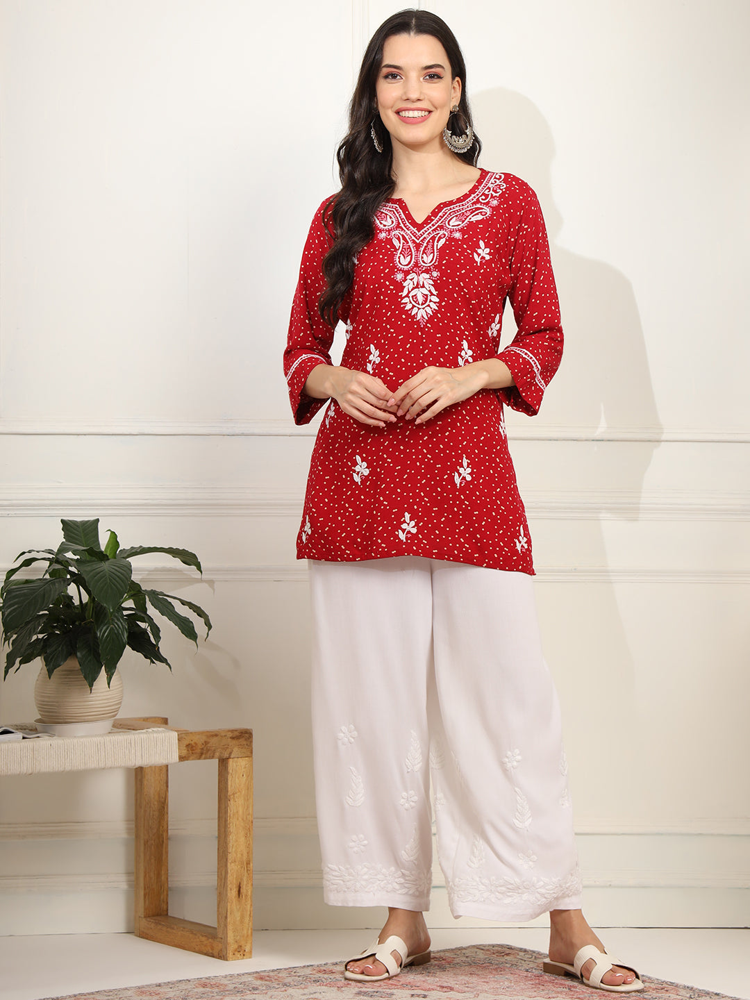 Red Color Viscose Cotton Kurta with Multi Color Thread Embroidery